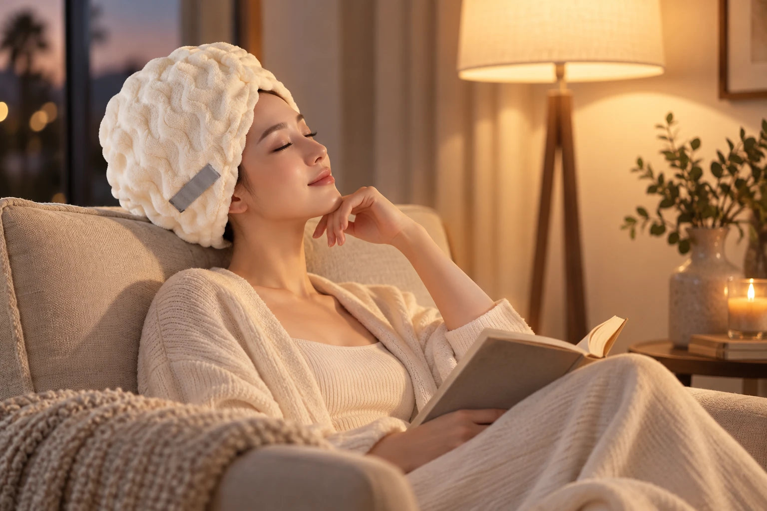 A quiet evening with a hair wrap in a softly lit living room
