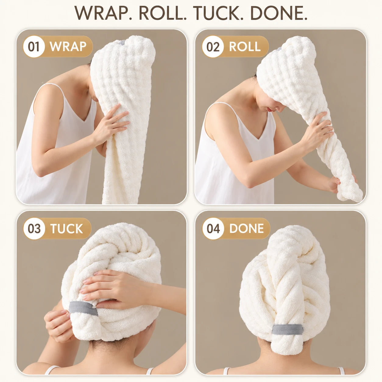 Four steps: wrap hair with your head forward, gently roll the hanging length, tuck the end under the gray strap at the back, and finish with a secure wrap.