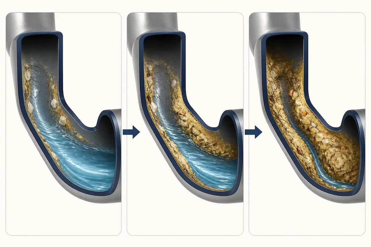 Illustration showing buildup gradually narrowing a drain pipe