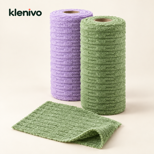 Klenivo tearable plush cleaning cloth rolls in Purple and Green, with an unfolded green cloth on a cream background