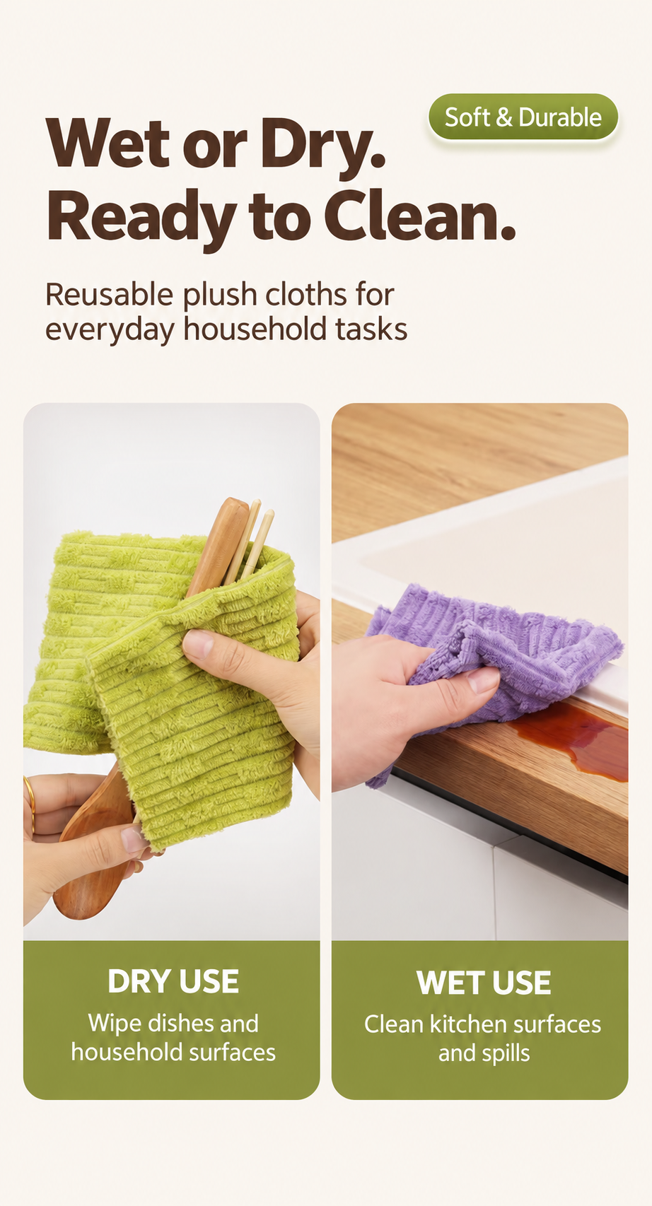 Tearable plush cleaning cloth — wet dry