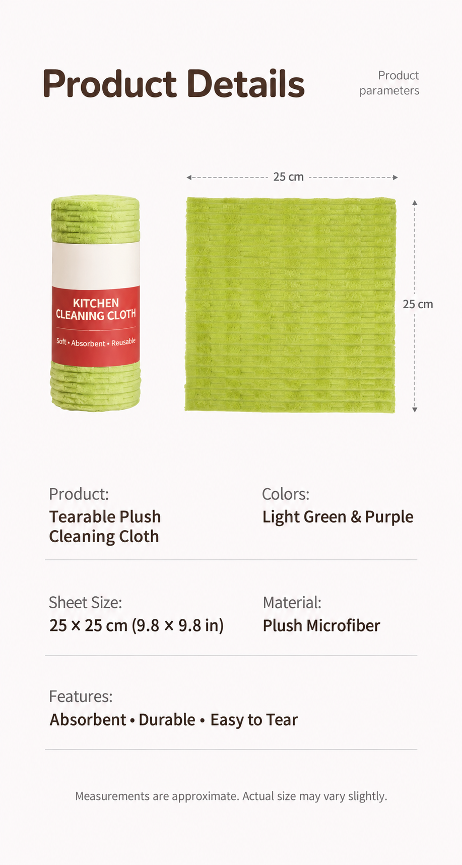 Tearable plush cleaning cloth — specifications