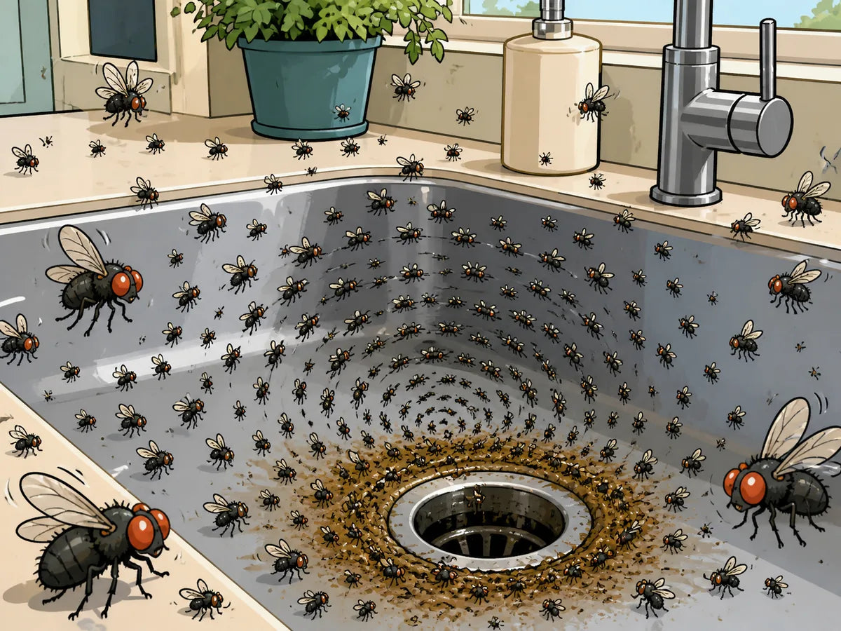 Illustrated drain pain point: small flies around a grimy drain
