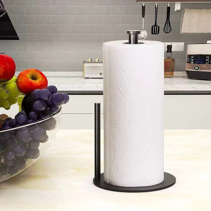 Silver paper towel holder on a kitchen countertop